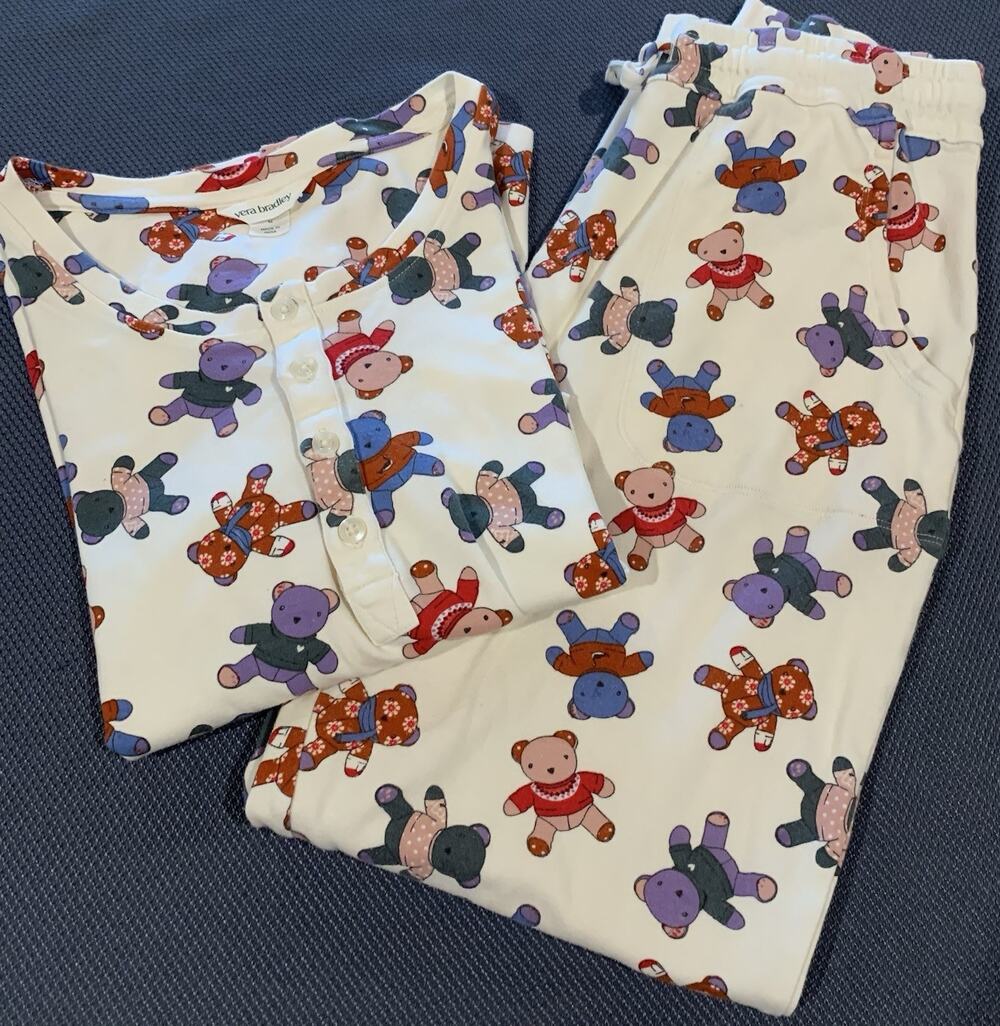 Vera Bradley Bear Mosaic Pajama Set 100% Cotton Henley Shirt Top Pants Pockets M
